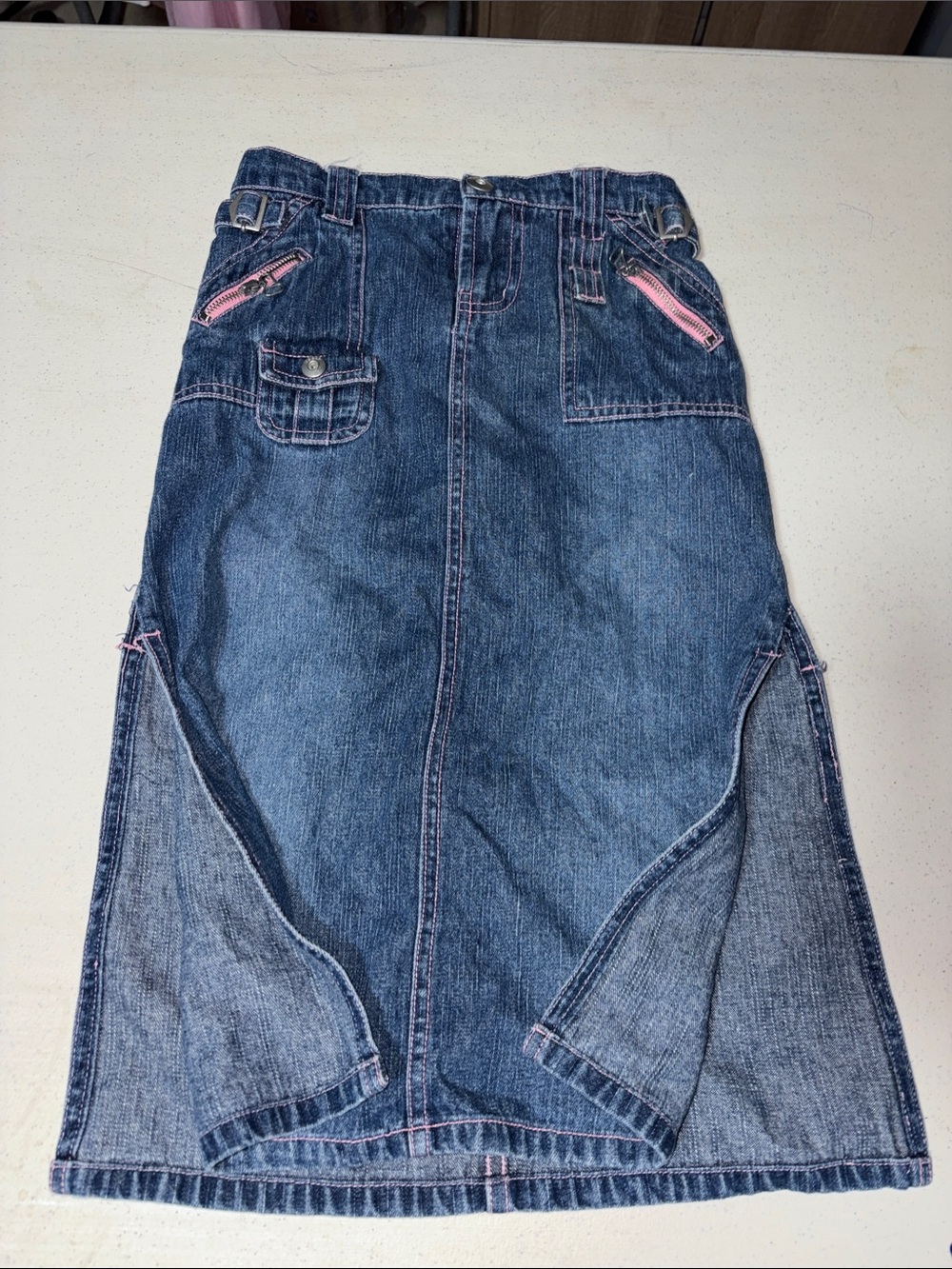 BeBop Blue Denim Skirt with Pink Stitching Detail